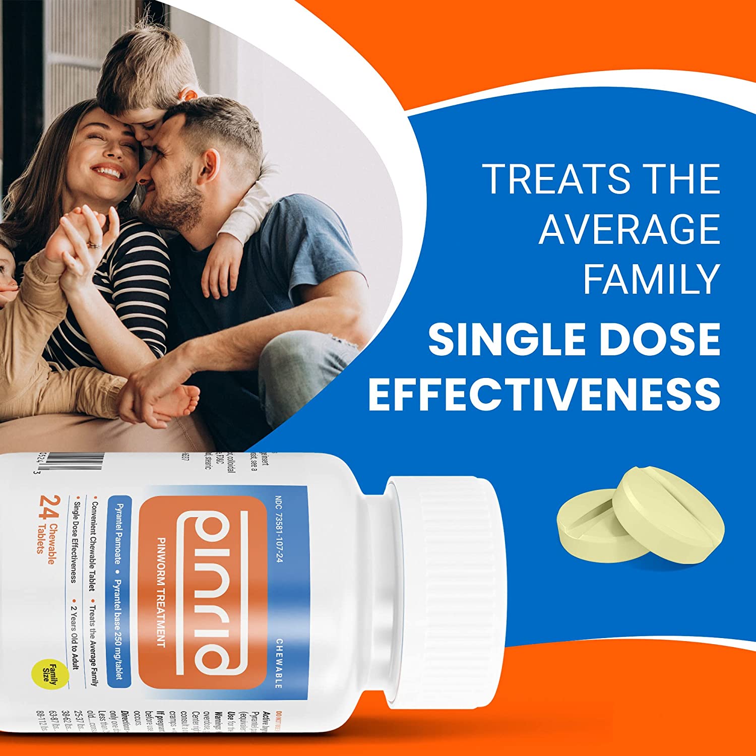 Pin-Rid Pills for Pinworms | Pyrantel Pamoate 250 mg | 24 Chewable Tablets | Family Size