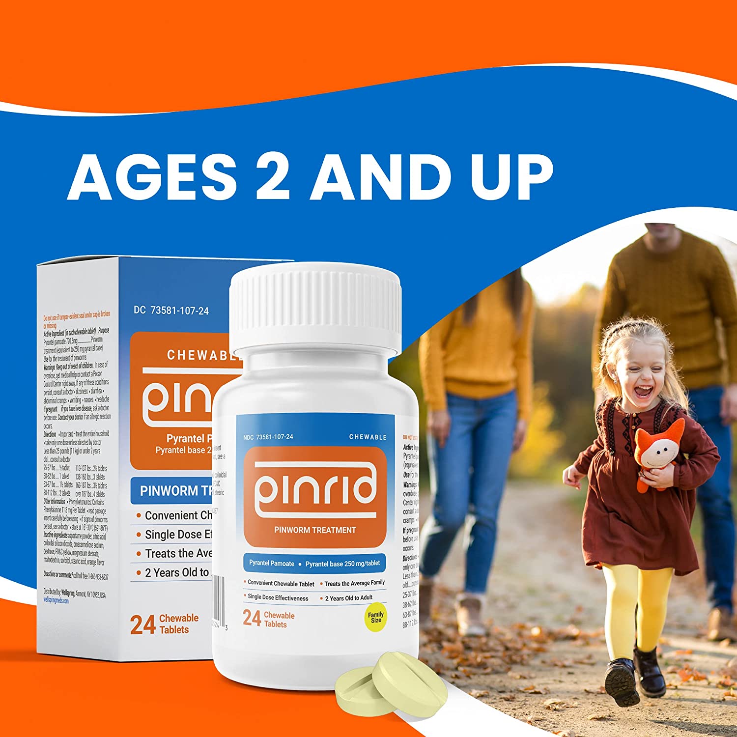 Pin-Rid Pills for Pinworms | Pyrantel Pamoate 250 mg | 24 Chewable Tablets | Family Size