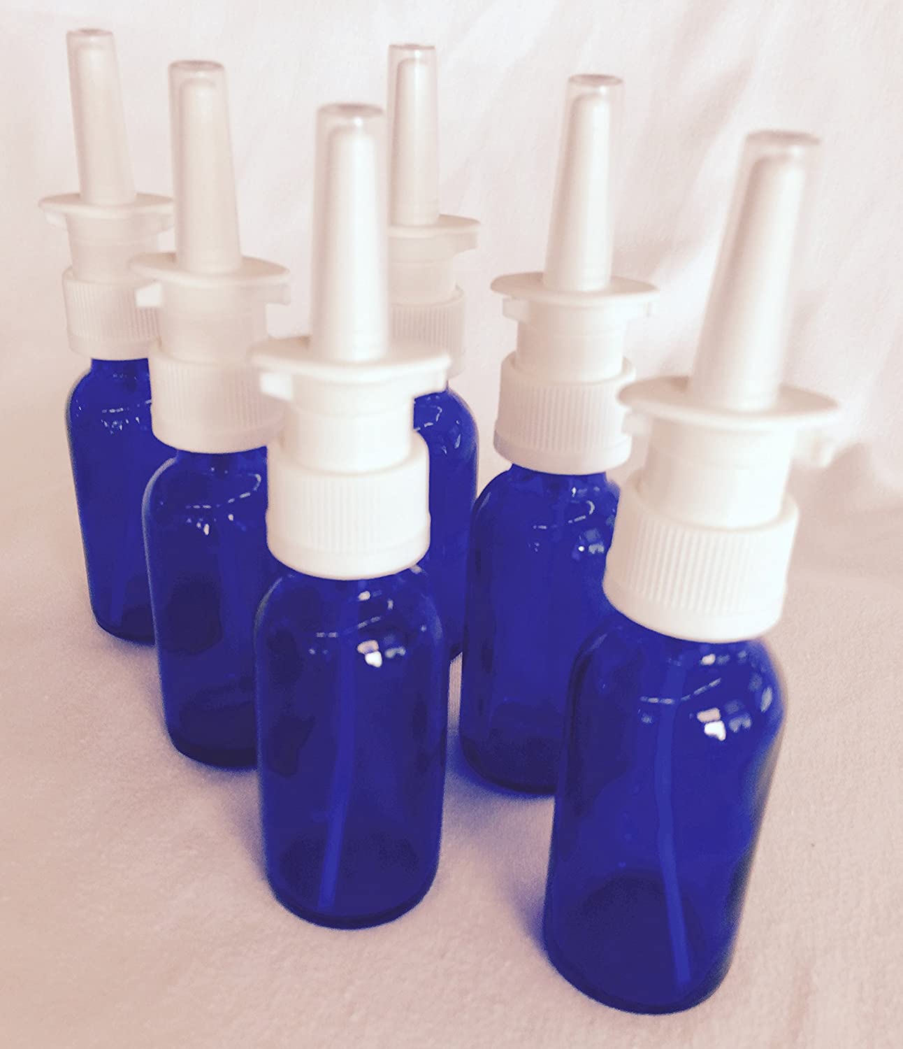 6-Pack 1 oz Nasal Spray Bottle Mist Sprayer - Empty Refillable Blue Glass Atomizer - Reusable Nose S