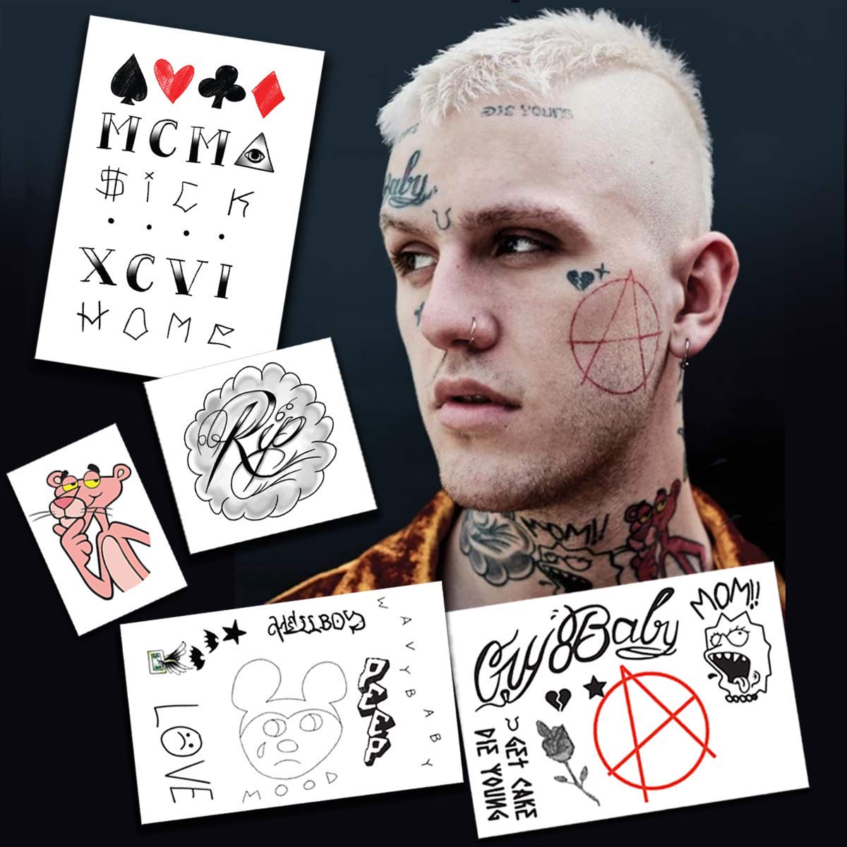 Fashion Tats Lil Peep Temporary Tattoos | Includes Face, Neck & Hands | REALISTIC  | Skin Safe | MA