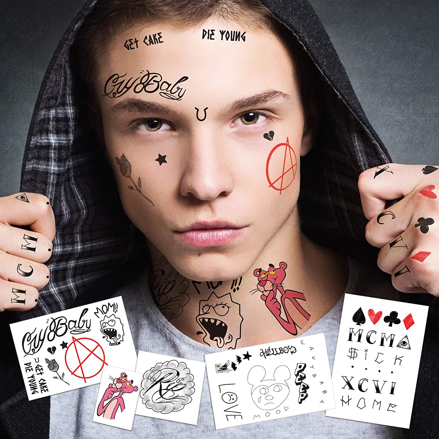 Fashion Tats Lil Peep Temporary Tattoos | Includes Face, Neck & Hands | REALISTIC  | Skin Safe | MA