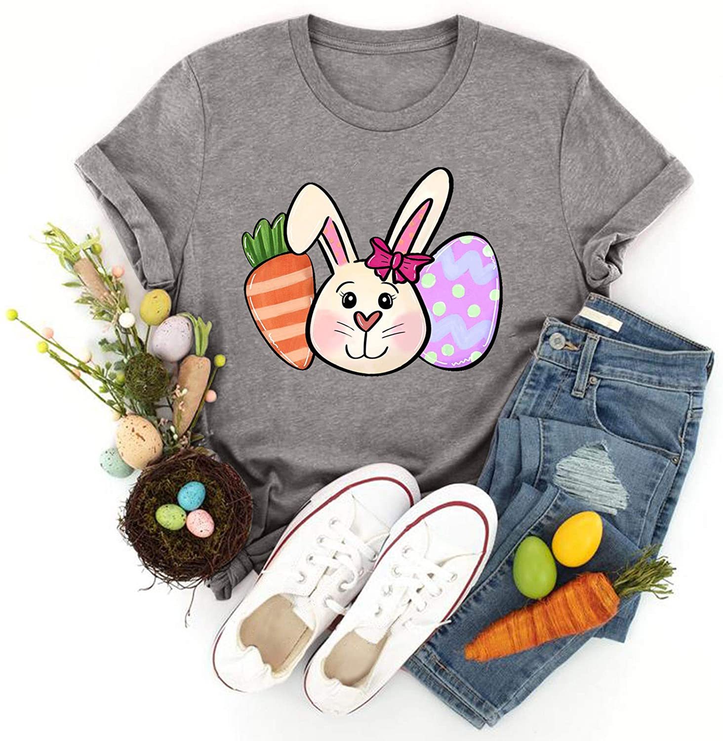 Dosoop Womens Easter T-Shirt Short Sleeve Adorable Rabbit Printed Graphic Shirts Tees Crewneck Casua