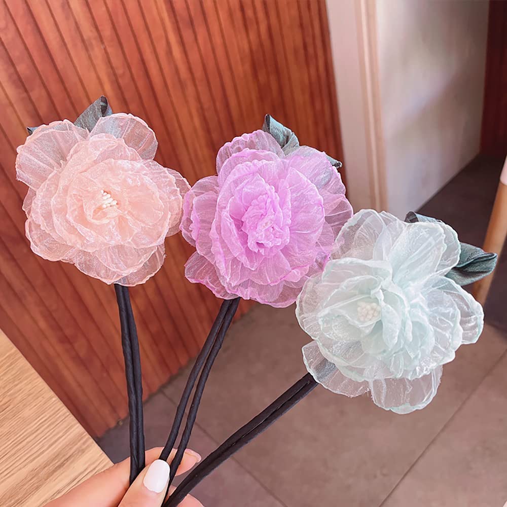 Flower Organza Hair Bands Ponytail Holder, Magic Clip Hair Bun Maker Hair Holder Curler Donut Tools 