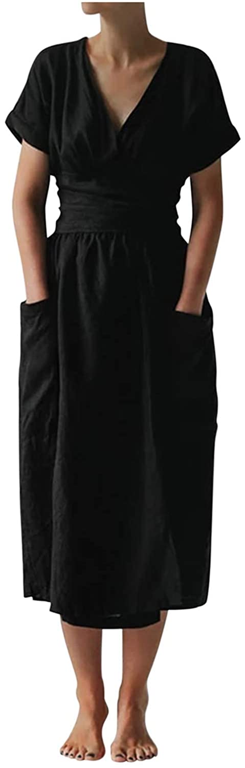 Womens Blouse Shirt Dresses, Cotton Linen Elegant Pure Color Waist Strap Tie Short Sleeve Loose Pock