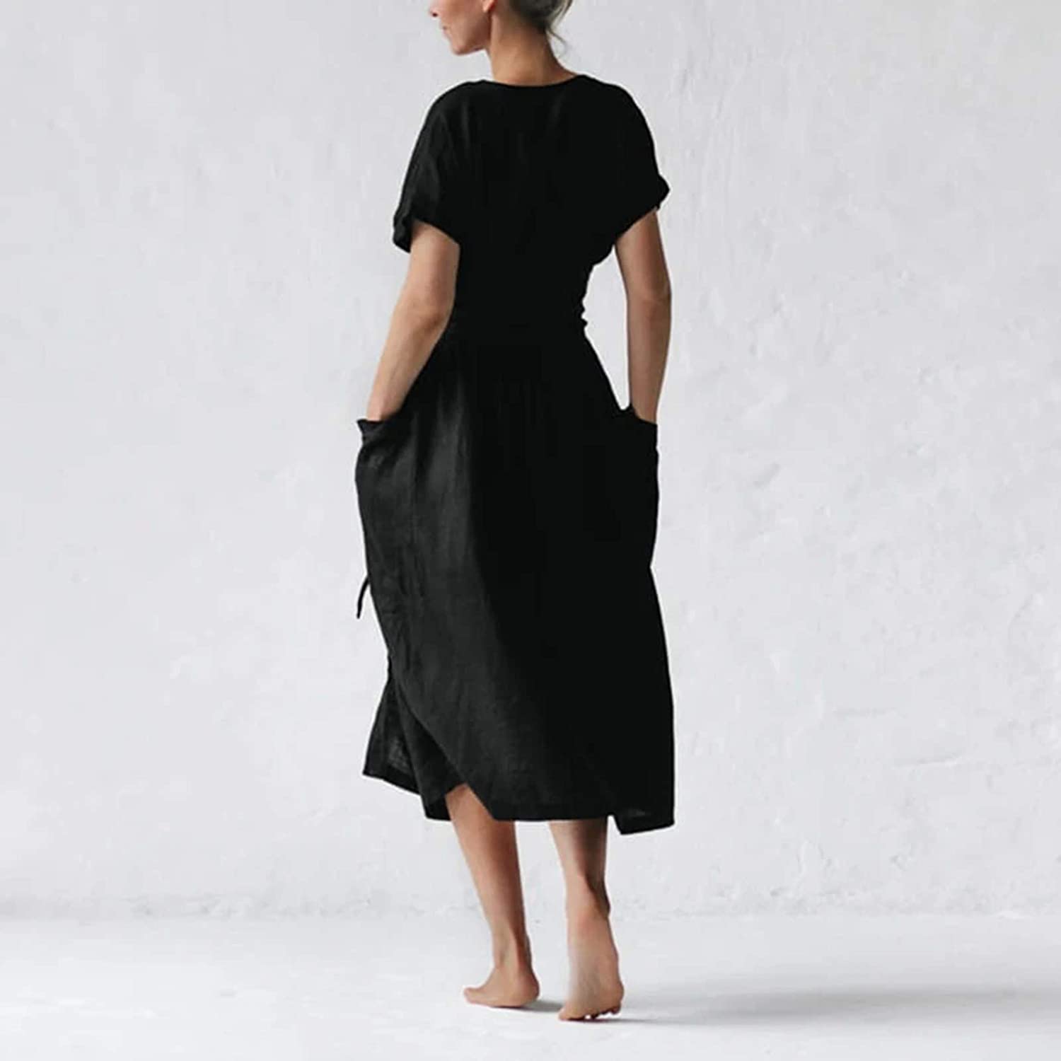 Womens Blouse Shirt Dresses, Cotton Linen Elegant Pure Color Waist Strap Tie Short Sleeve Loose Pock