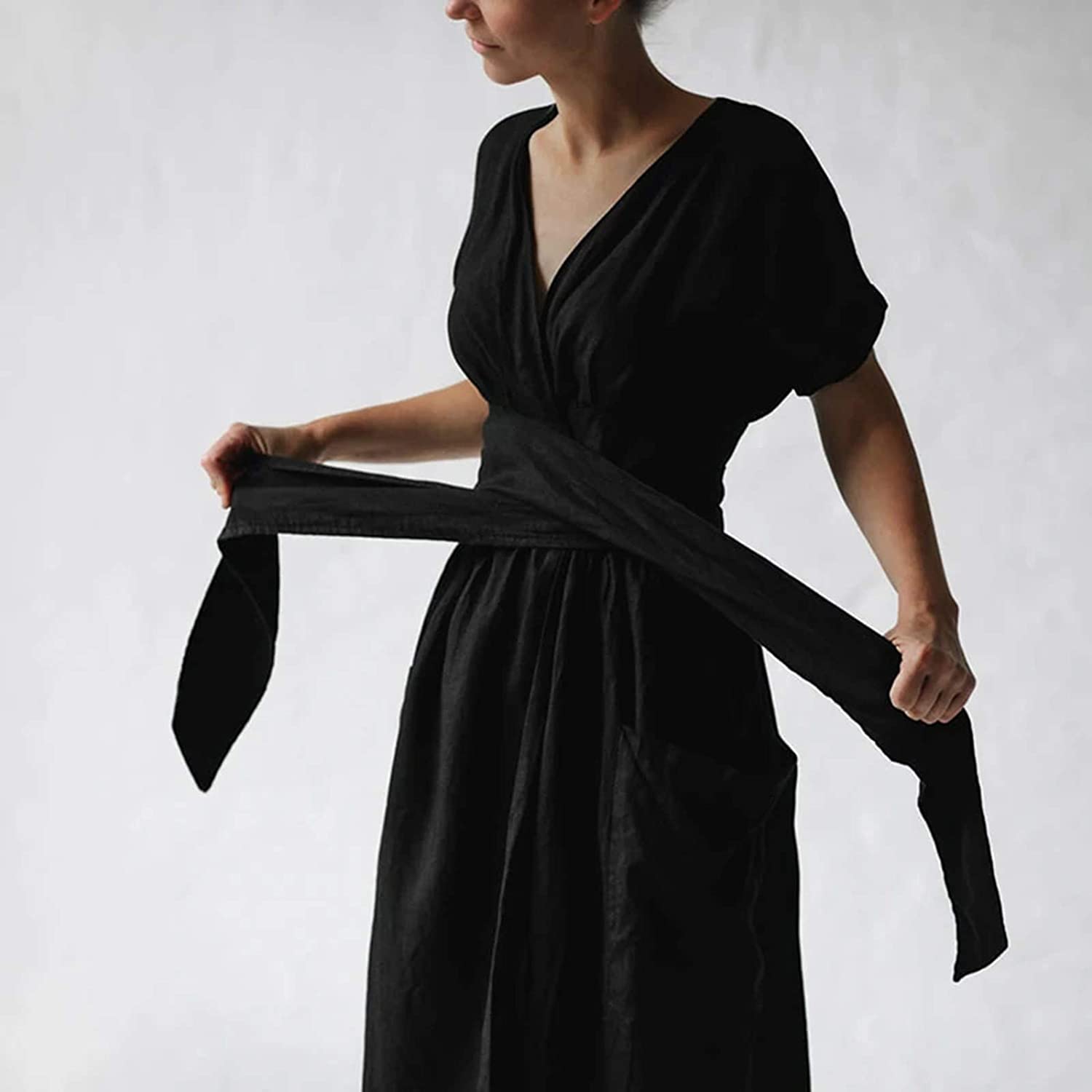 Womens Blouse Shirt Dresses, Cotton Linen Elegant Pure Color Waist Strap Tie Short Sleeve Loose Pock