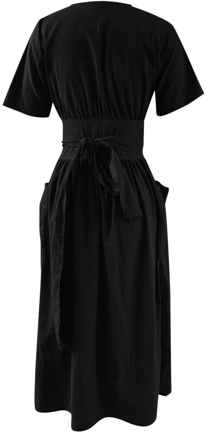 Womens Blouse Shirt Dresses, Cotton Linen Elegant Pure Color Waist Strap Tie Short Sleeve Loose Pock