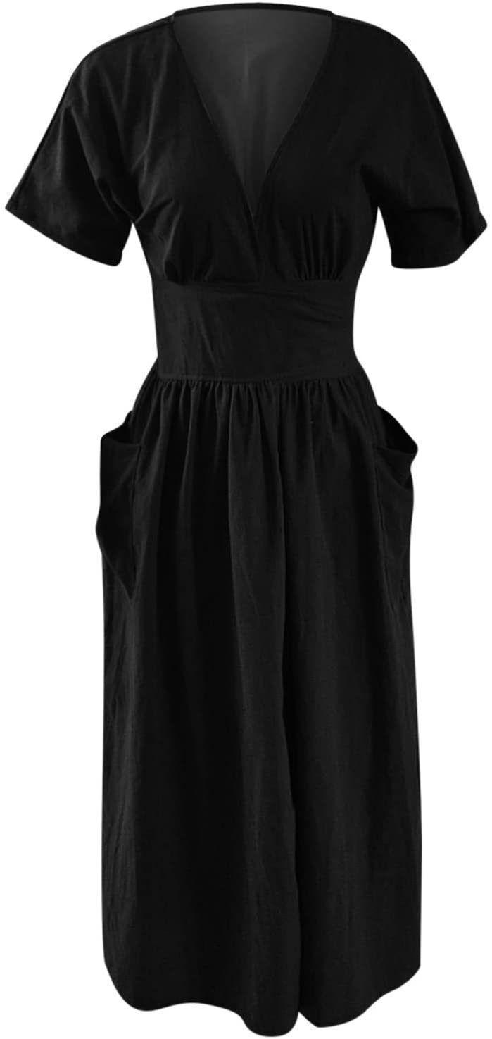 Womens Blouse Shirt Dresses, Cotton Linen Elegant Pure Color Waist Strap Tie Short Sleeve Loose Pock