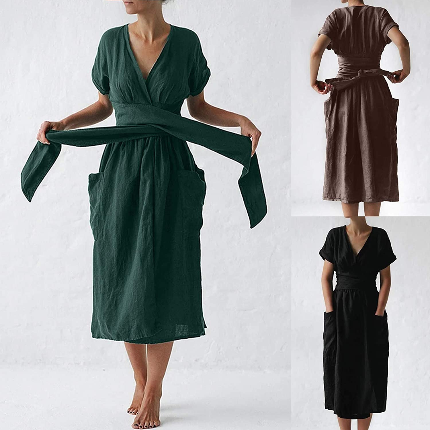 Womens Blouse Shirt Dresses, Cotton Linen Elegant Pure Color Waist Strap Tie Short Sleeve Loose Pock