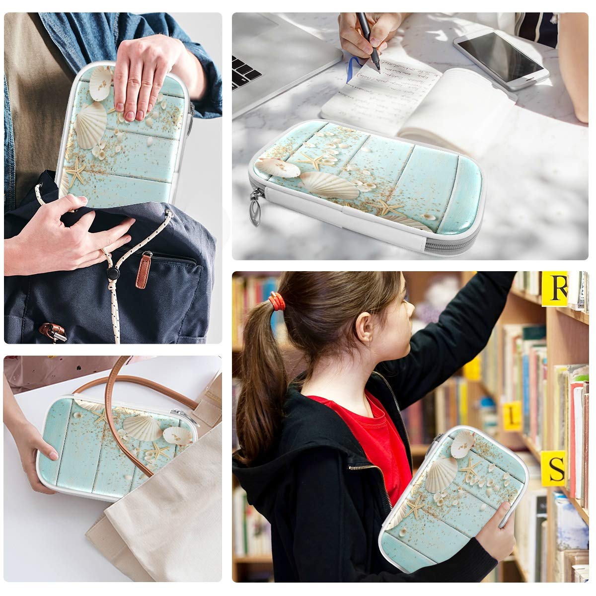 ZZKKO Ocean Sea Starfish Pencil Bag Case Zipper Pencil Holder Organizer Stationary Pen Bag Cosmetic