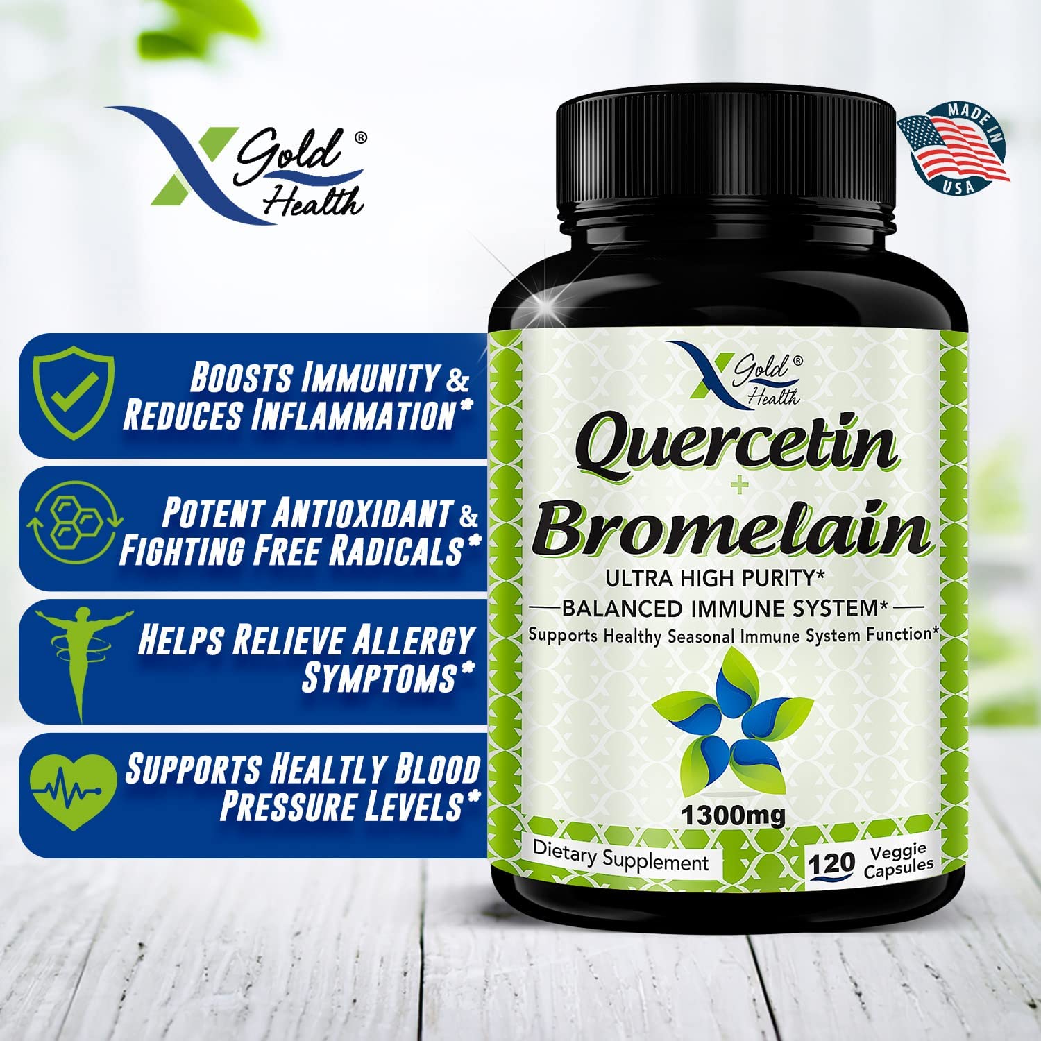 Quercetin 1000mg + Bromelain 300mg per Serving- Quercetin with Bromelain Supplement Complex for Card