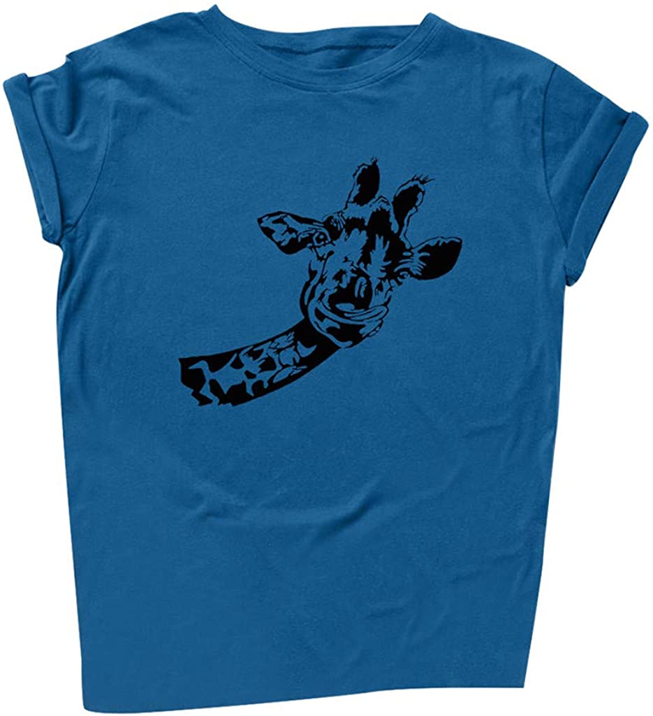 Dosoop Women Summer Crewneck T-Shirt Tops Cute Giraffe Print Casual Loose Short Sleeve Tees Shirt Tu