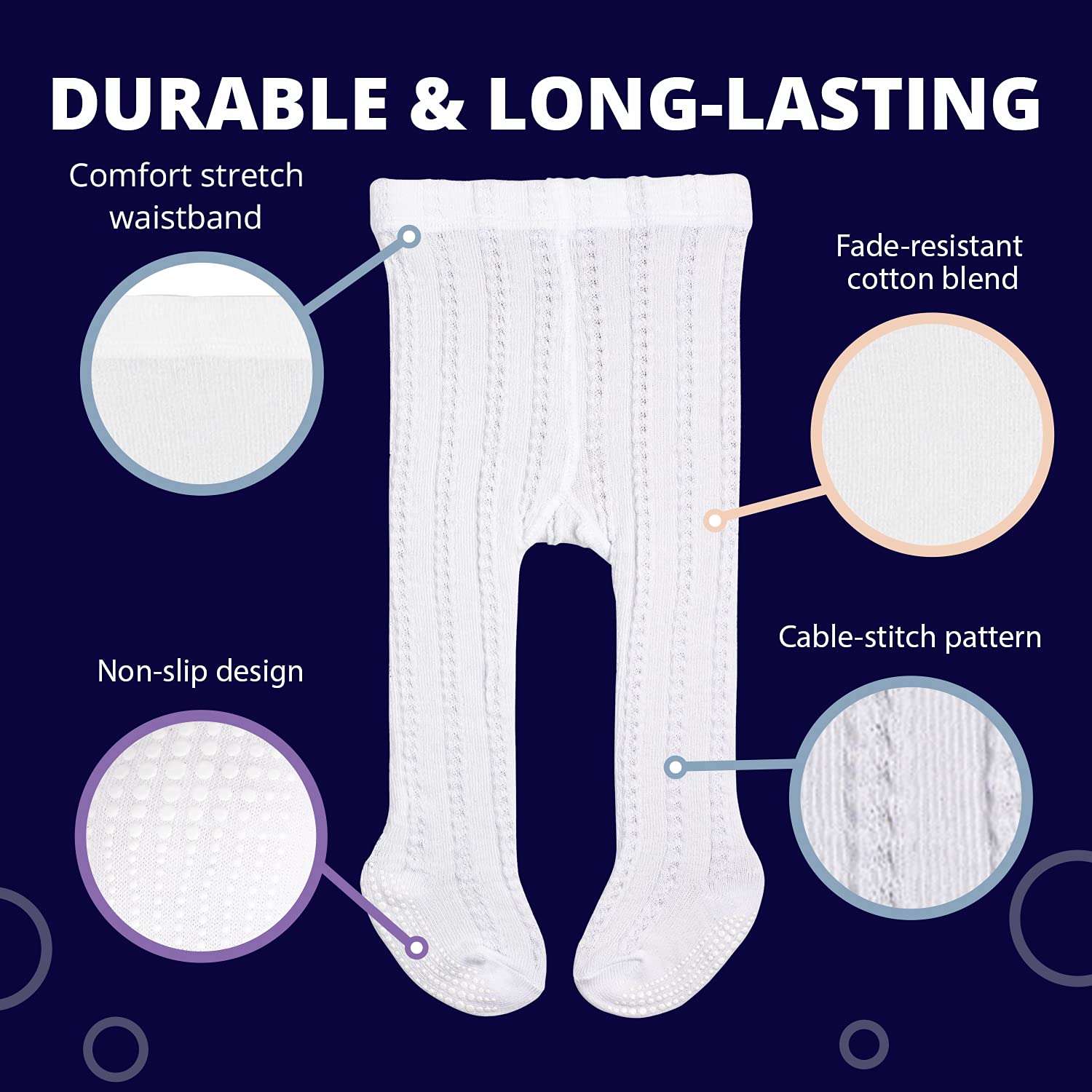 LA Active Baby Tights - 5 Pairs - Non Skid/Slip Cable Knit (Pink/White/Ivory/Lavender/Grey, 2T-3T)