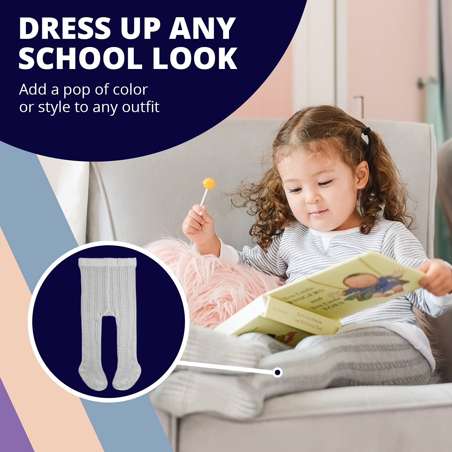 LA Active Baby Tights - 5 Pairs - Non Skid/Slip Cable Knit (Pink/White/Ivory/Lavender/Grey, 2T-3T)