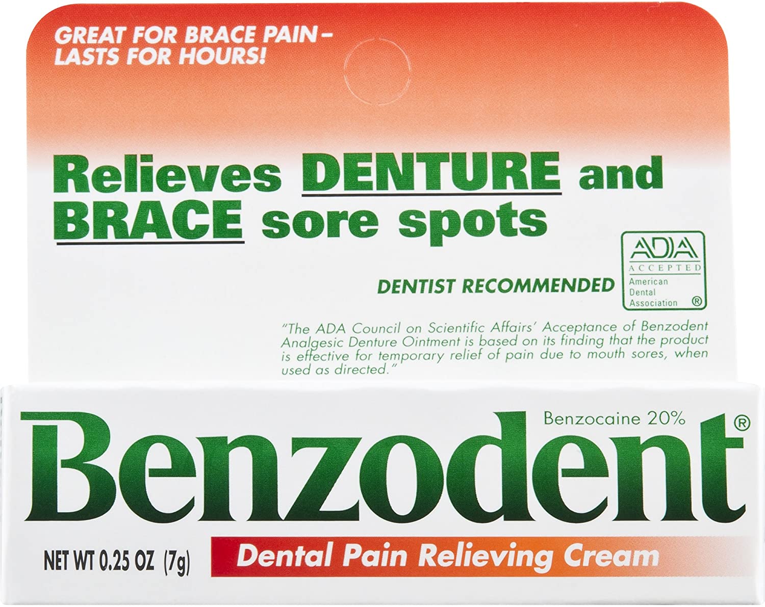 Benzodent Dental Pain Relieving Cream for Dentures and Braces, 0.25 Ounce Tube