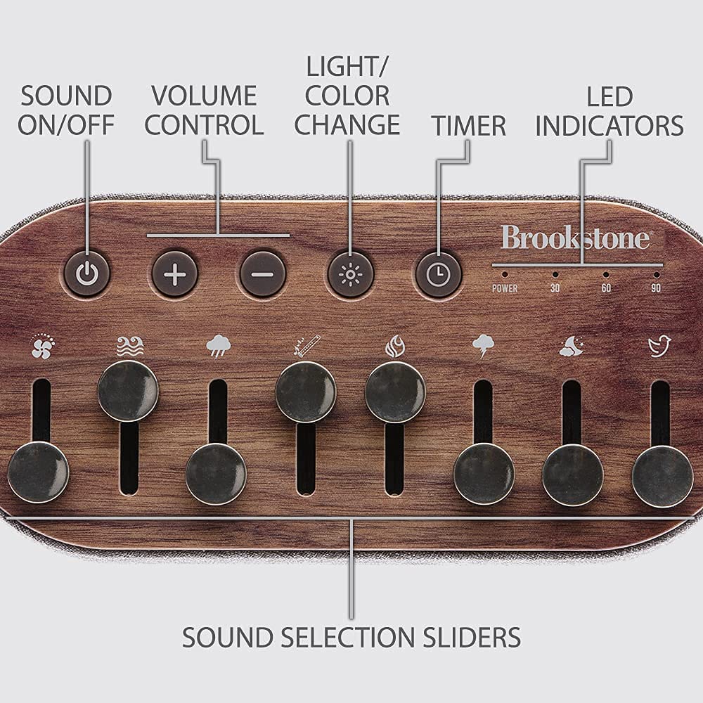 Brookstone White Noise Sound Machine Mixer | 8 Natural Sounds | 7 Night-Light Colors | Auto-Off Time