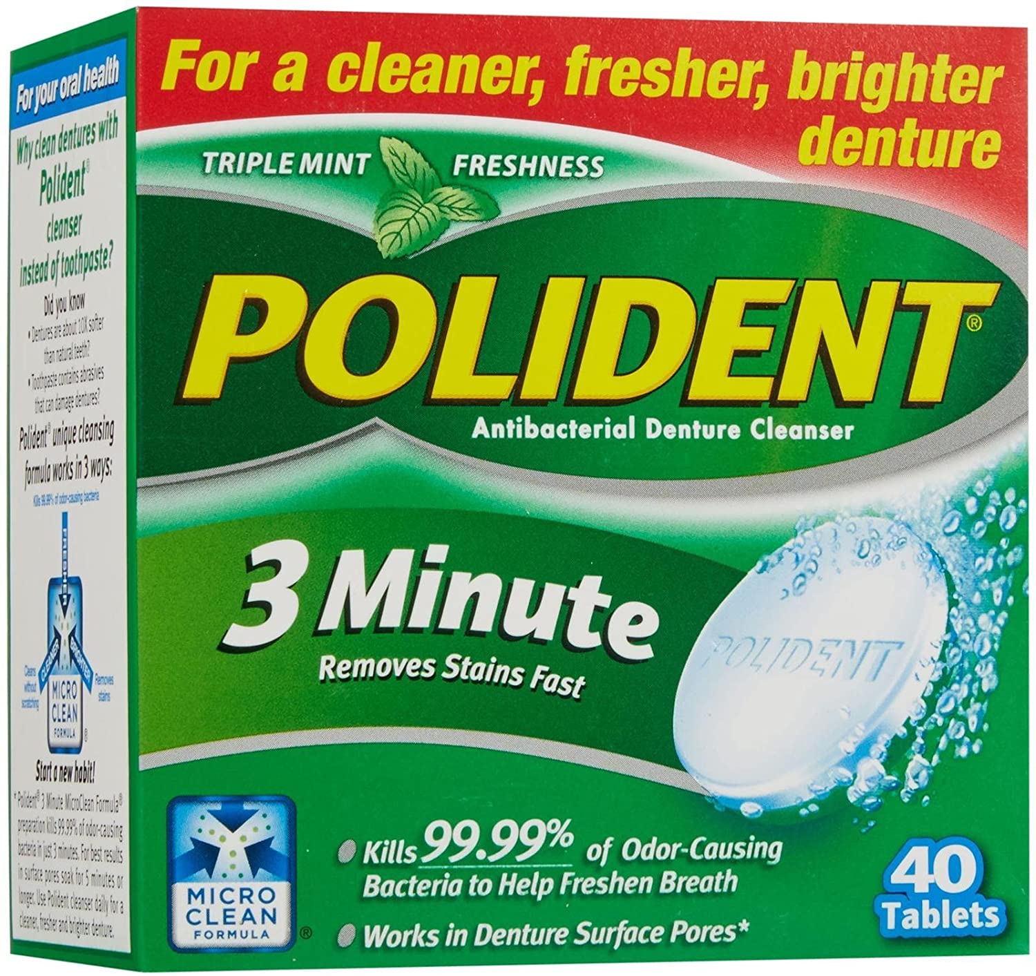 Polident 3-minute for cleaner,fresher and brighter denture 40-ea