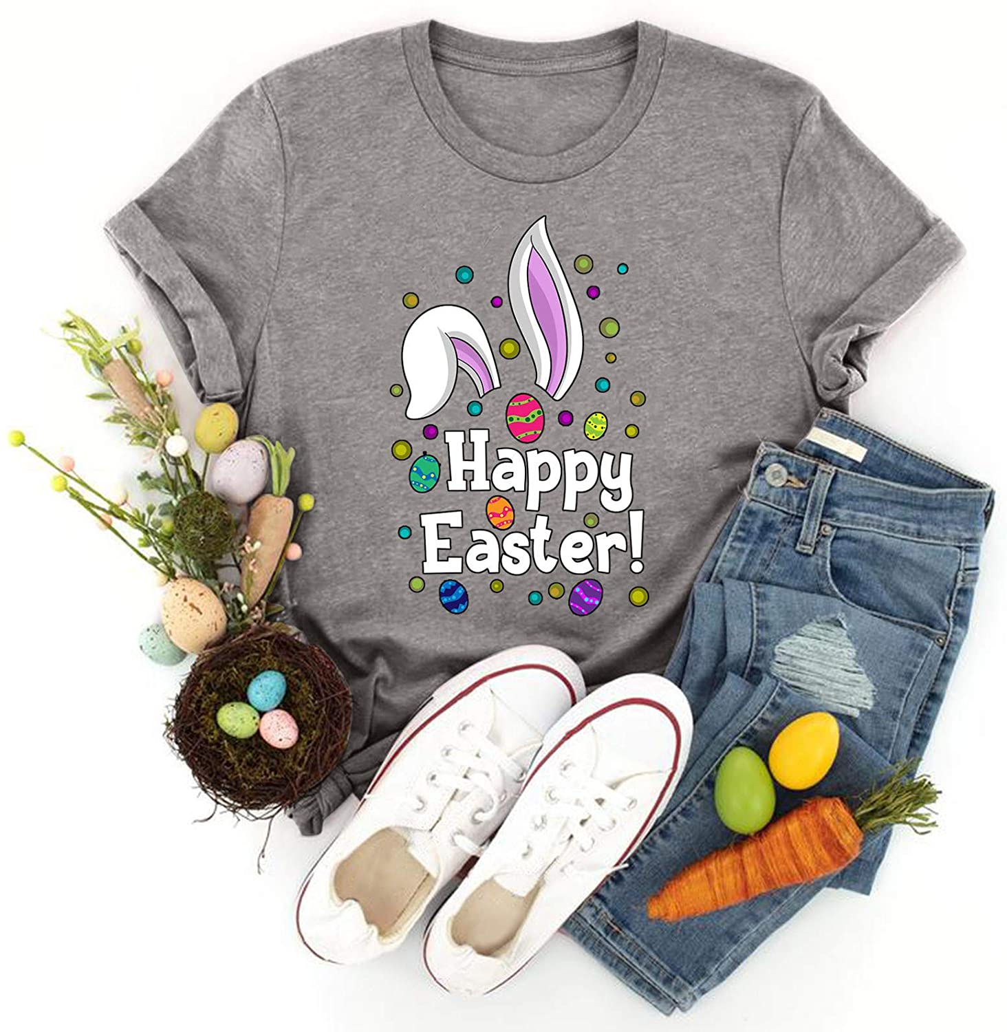 Dosoop Womens Happy Easter Letter Printed T-Shirt Short Sleeve Graphic Shirts Tees Crewneck Casual L
