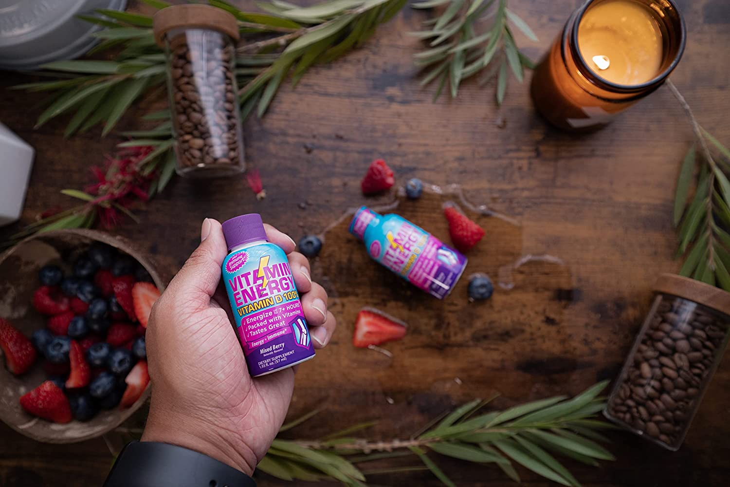 Vitamin Energy Vitamin D 100% Energy Drink Shots, Mixed Berry Flavored, Up to 7+ Hours of Energy, 1.