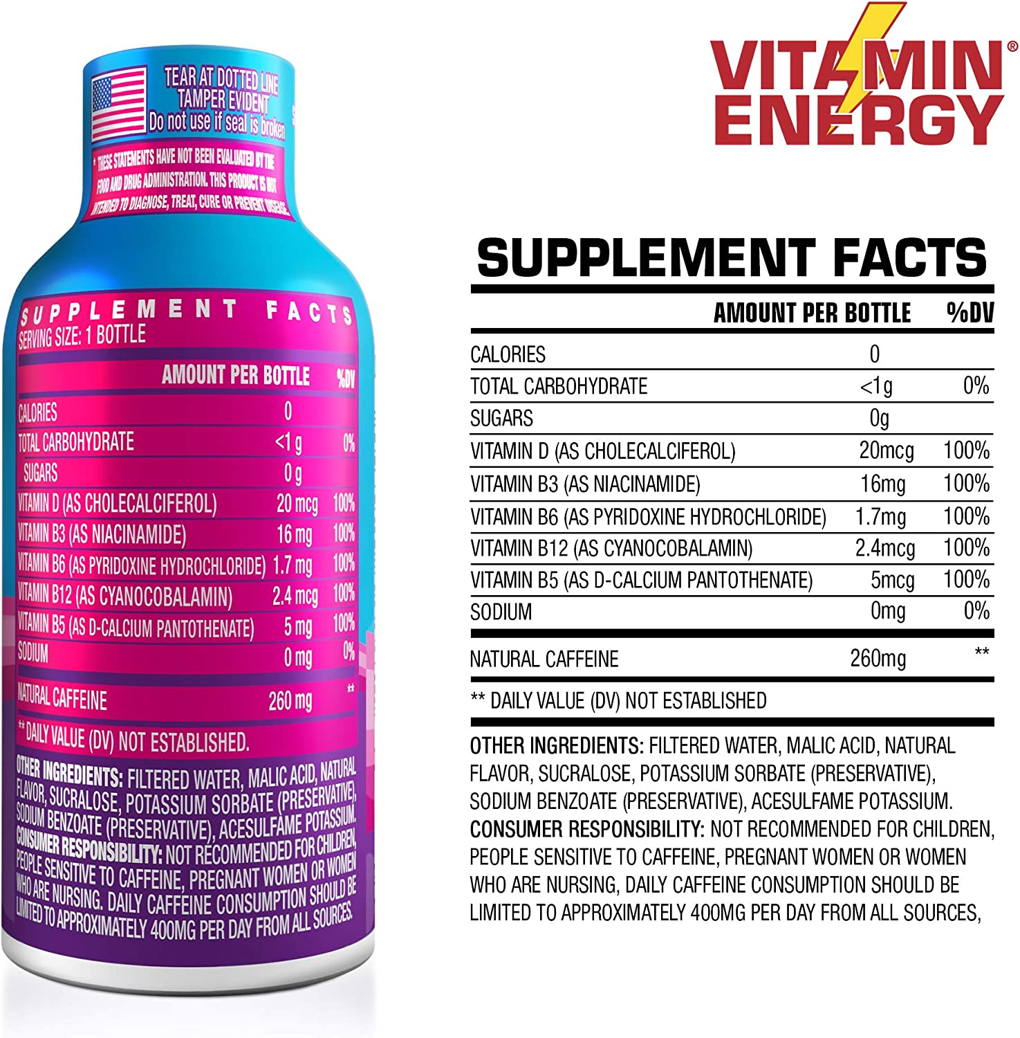 Vitamin Energy Vitamin D 100% Energy Drink Shots, Mixed Berry Flavored, Up to 7+ Hours of Energy, 1.