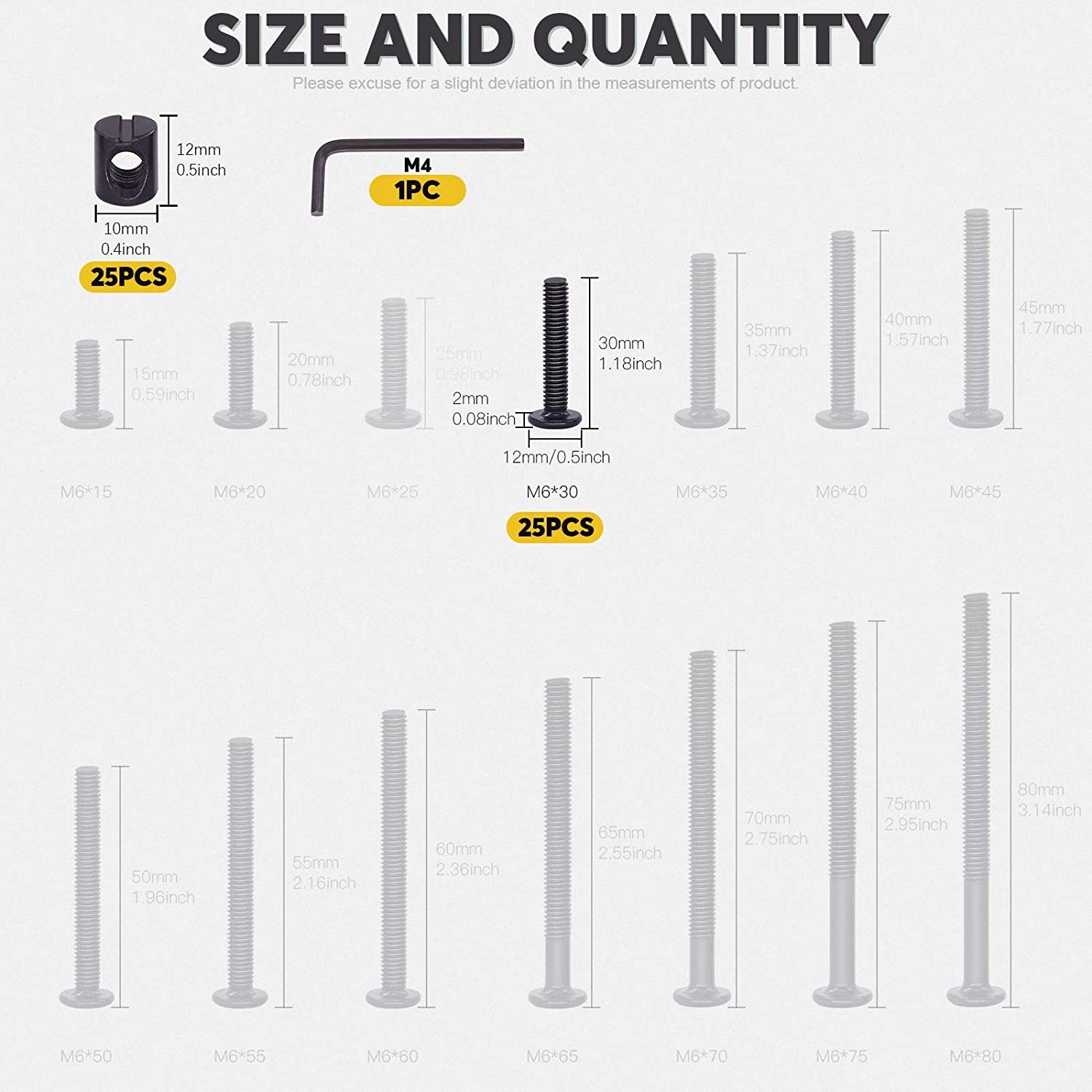 Mardatt M6 x 30mm 50PCS Black Zinc Plated Hex Socket Cap Bolts Crib Bolts and Barrel Nuts Cross Dowe