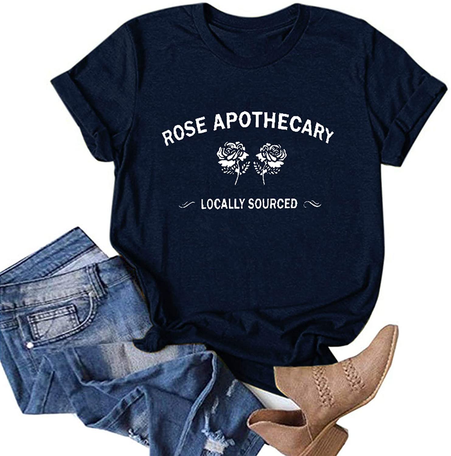 Dosoop Rose Apothecary Shirts for Women Rose Printed Novelty Shirt Funny Short Sleeve Summer Holiday