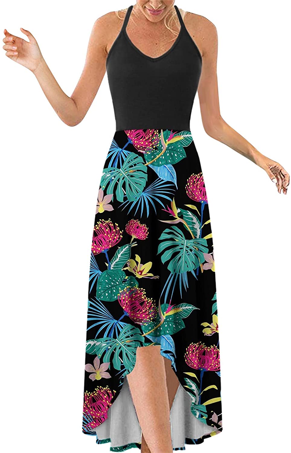 WYTong Women Sexy V-Neck Elegant Party Dress Irregular Hem Prints Long Party Dress Spaghetti Strap D