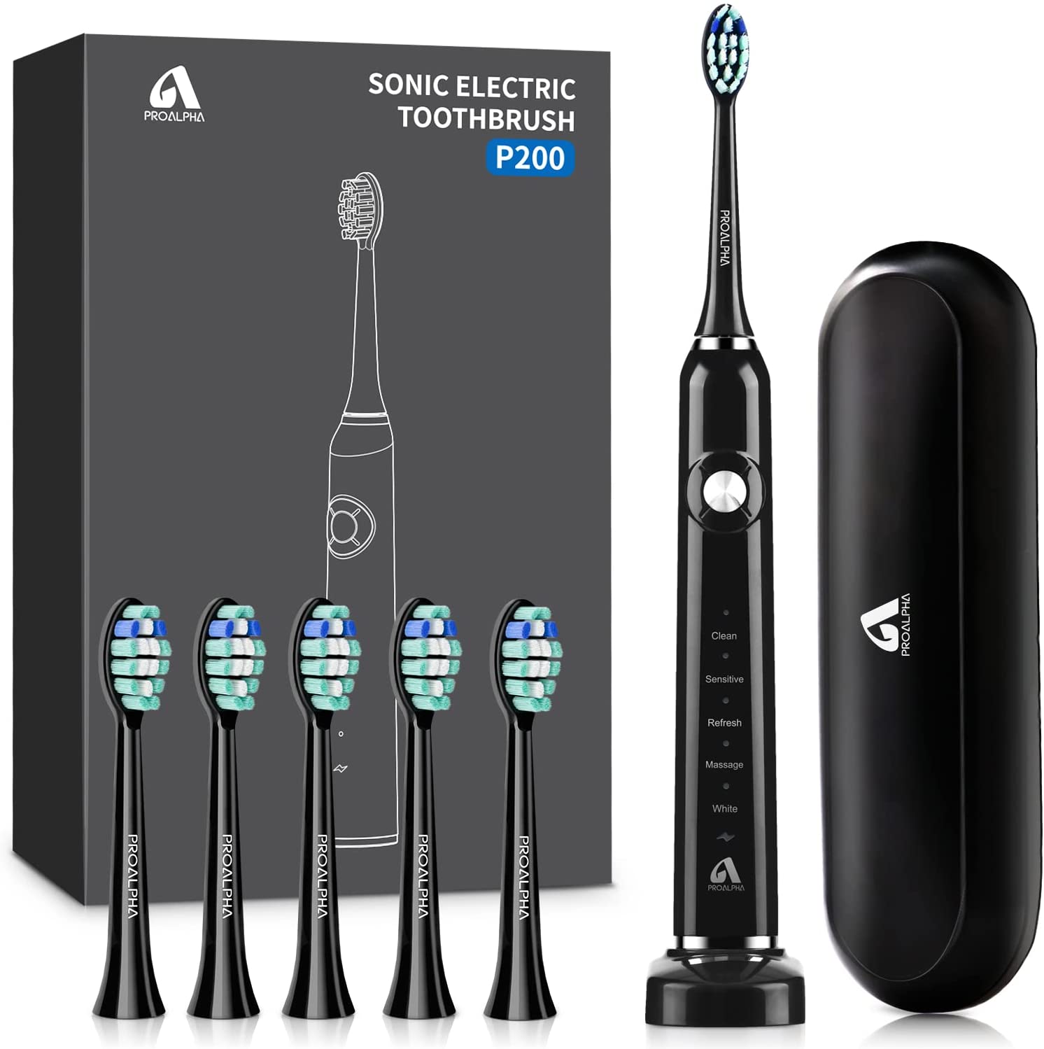 Proalpha Electric Toothbrush for Adults, Sonic Electric Toothbrushes With Travel Case, 6 Brush Heads
