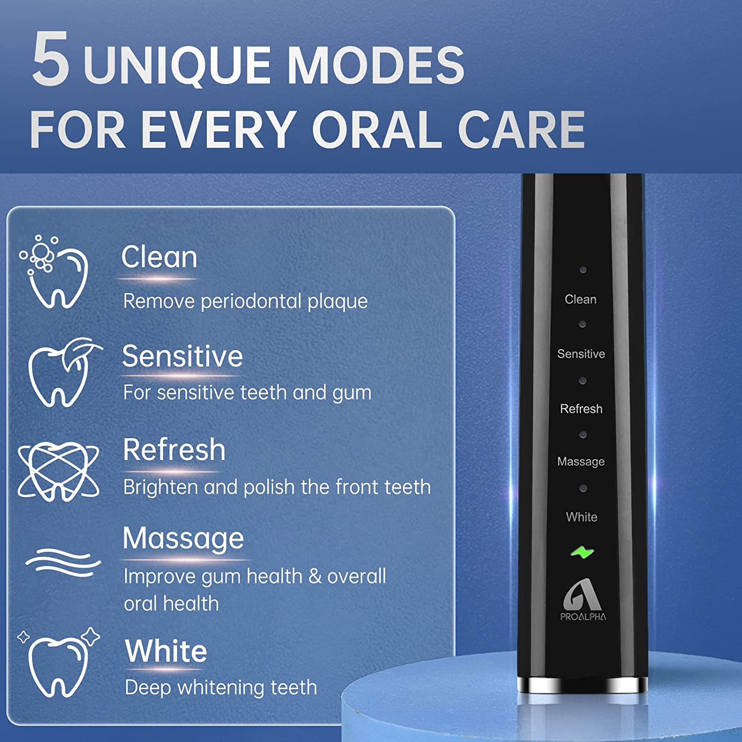 Proalpha Electric Toothbrush for Adults, Sonic Electric Toothbrushes With Travel Case, 6 Brush Heads