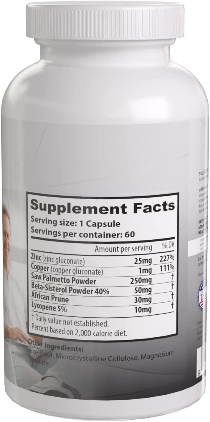 Prostate Supplement for Men with Zinc Antioxidant. Gluten Free. 60 Veggie Capsules