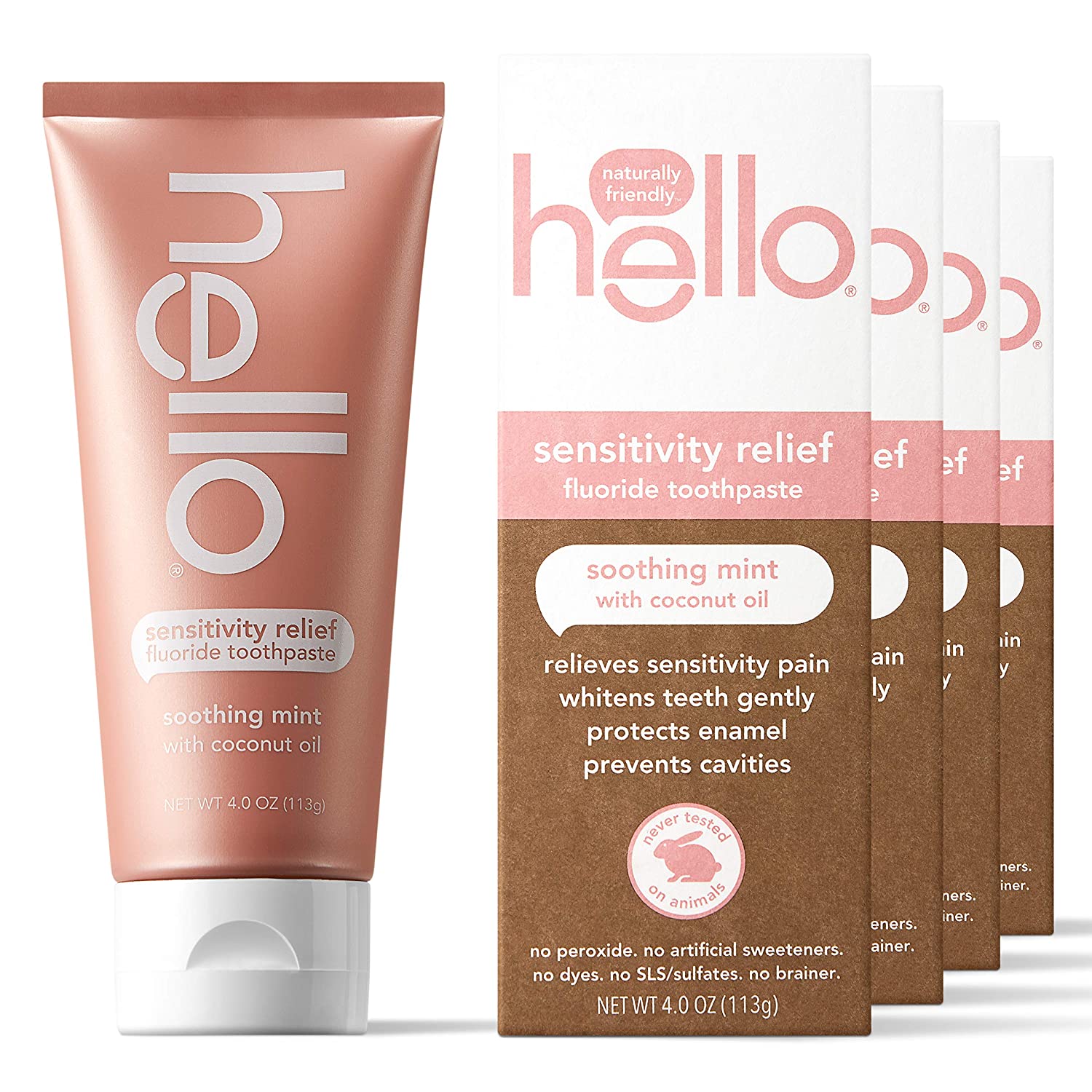 Hello Sensitivity Relief Toothpaste for Sensitive Teeth with Fluoride + Vegan SLS Free Whitening 4 C