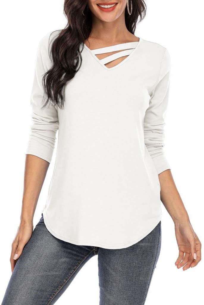 Dosoop Fashion Womens Long Sleeve Solid Color V Neck Shirts Casual Elegant Pullover Casual Loose Top