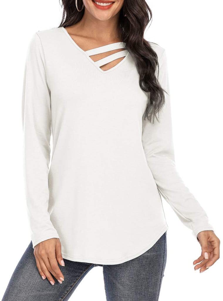 Dosoop Fashion Womens Long Sleeve Solid Color V Neck Shirts Casual Elegant Pullover Casual Loose Top