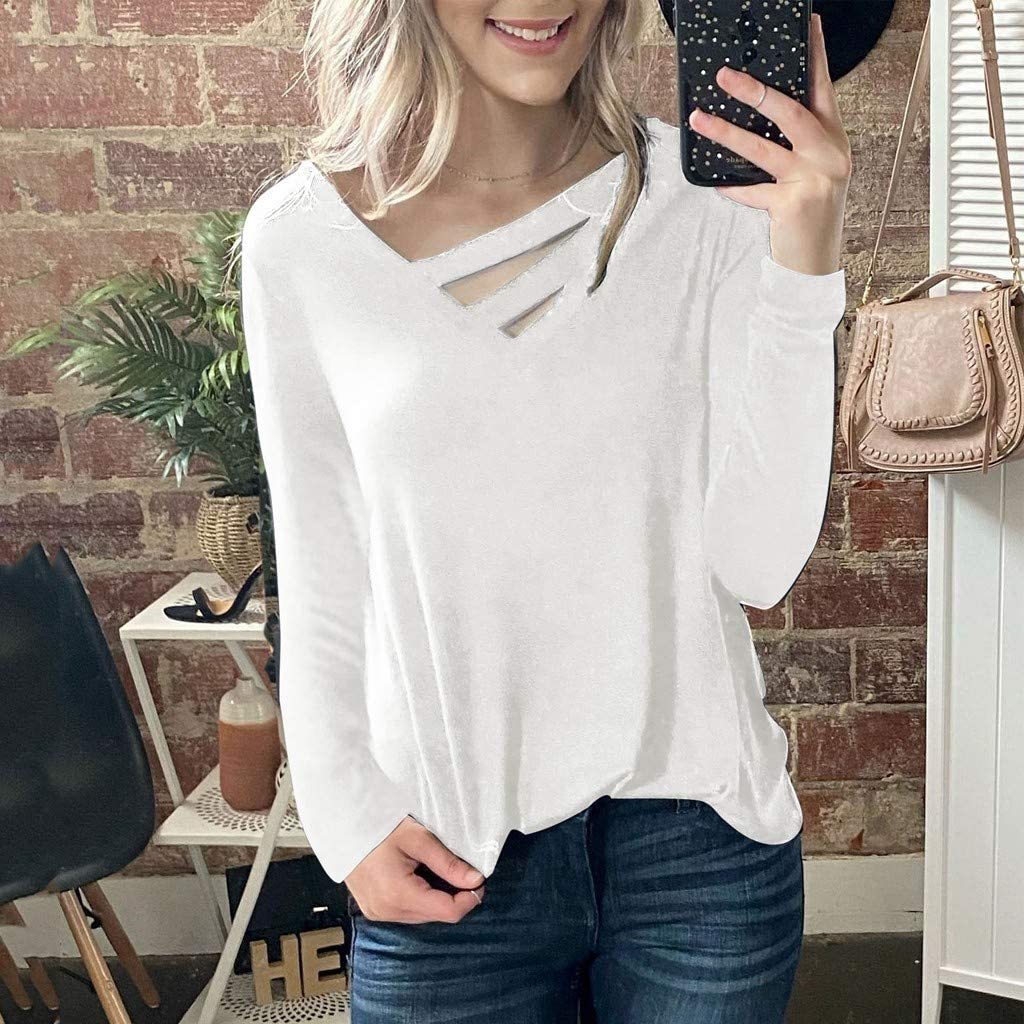Dosoop Fashion Womens Long Sleeve Solid Color V Neck Shirts Casual Elegant Pullover Casual Loose Top