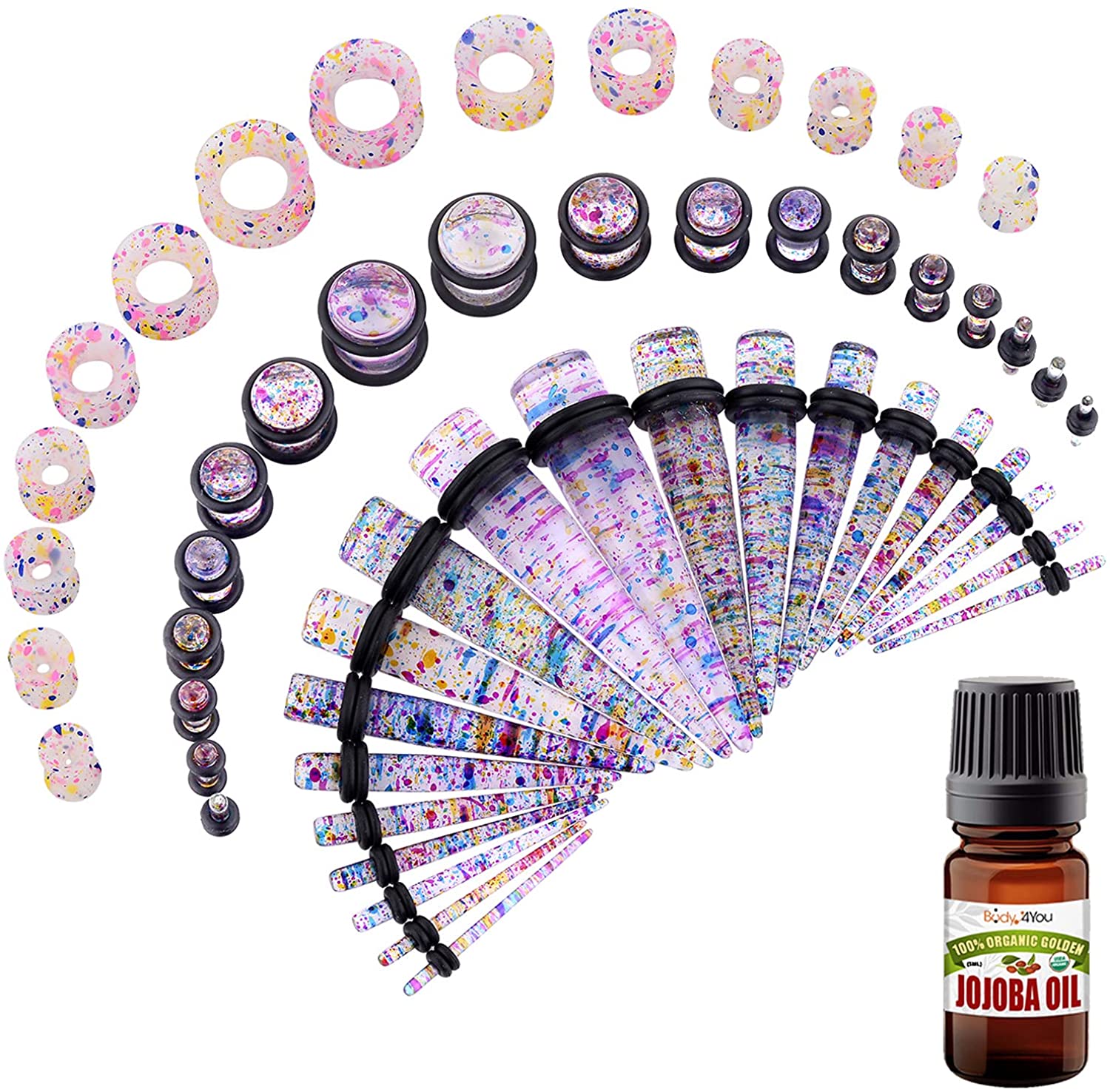 BodyJ4You 50PC Gauges Kit Ear Stretching Aftercare Jojoba Oil Wax 14G-12MM Tunnel Plug Taper Set