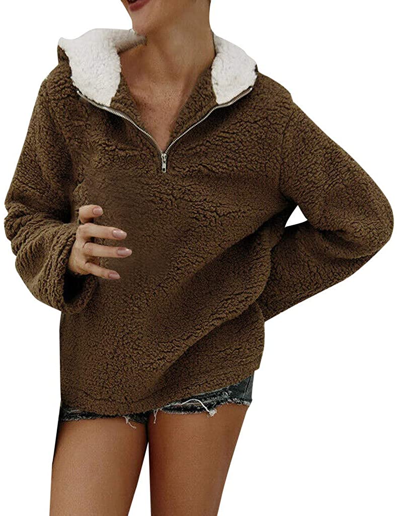 WUAI-Women Sherpa Sweatshirt Pullover Fuzzy Fleece Winter Coat Hooded Jackets