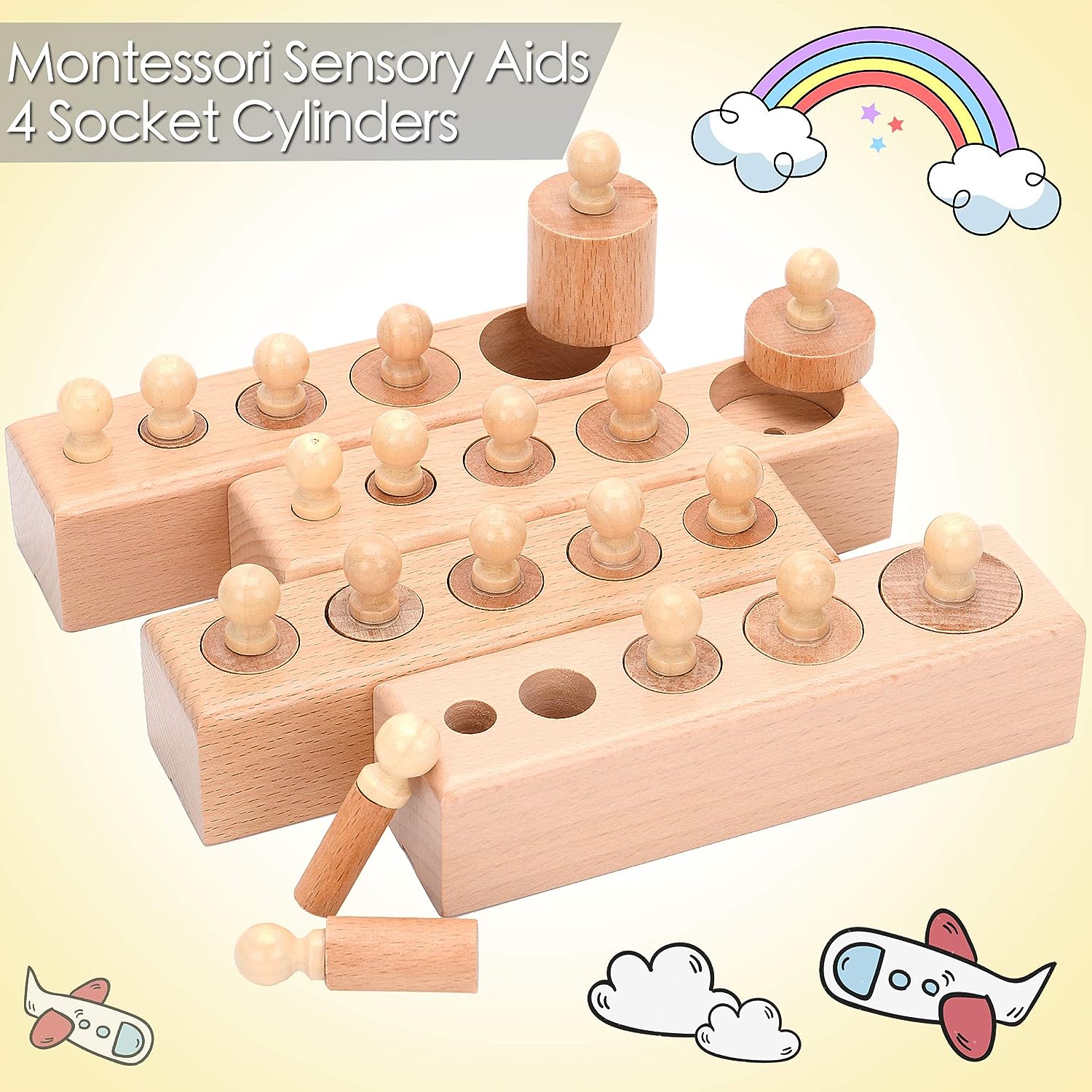Cylinder Montessori Blocks Knobbed Cylinders Wooden Materials Baby Game Ball Mini Stacking Miniature