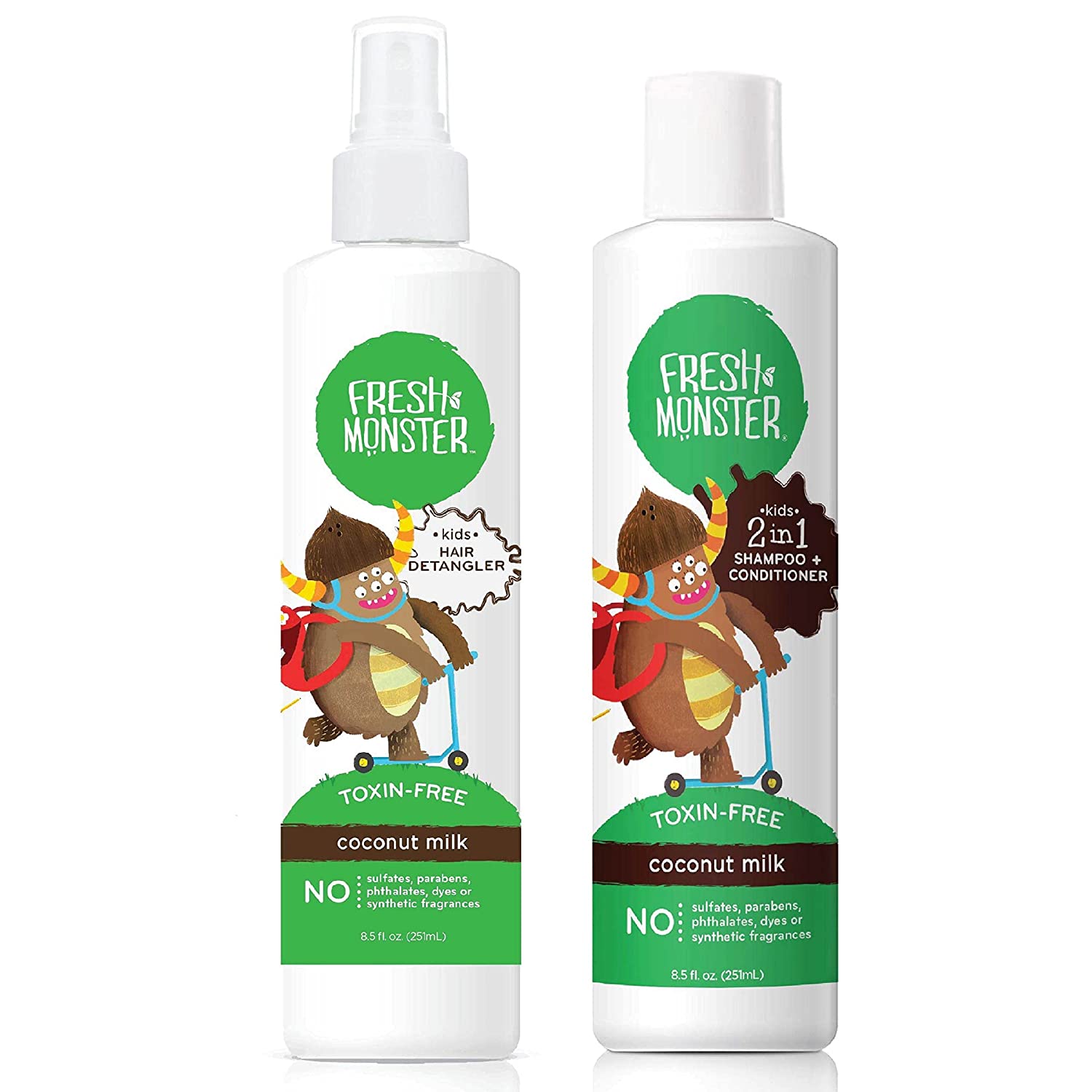 Fresh Monster Bundle with Kids Hair Detangler Spray, Coconut (8.5oz) and 2-in-1 Shampoo & Conditione