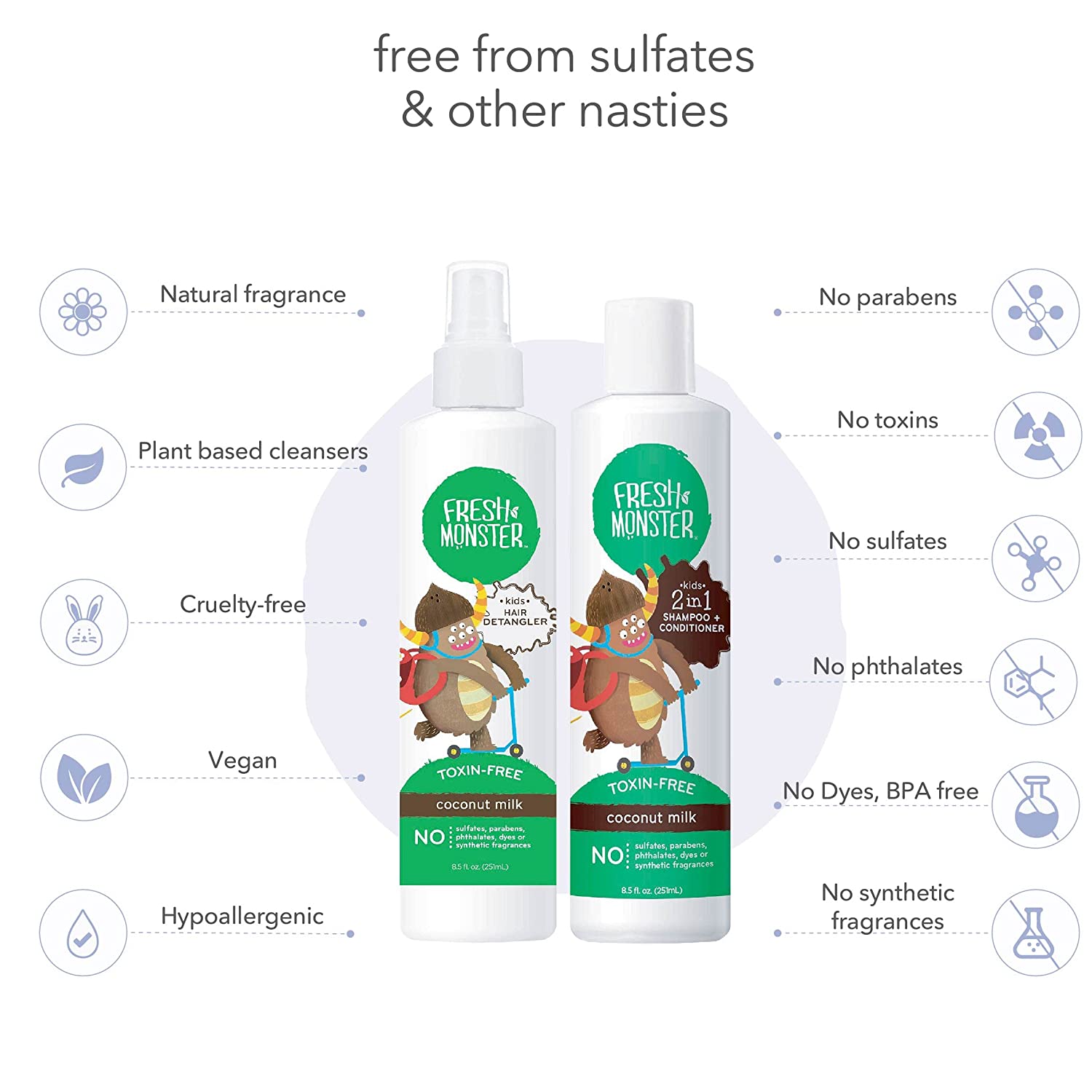 Fresh Monster Bundle with Kids Hair Detangler Spray, Coconut (8.5oz) and 2-in-1 Shampoo & Conditione