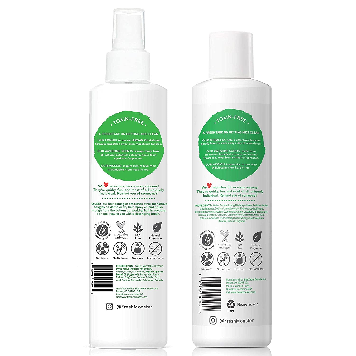 Fresh Monster Bundle with Kids Hair Detangler Spray, Coconut (8.5oz) and 2-in-1 Shampoo & Conditione