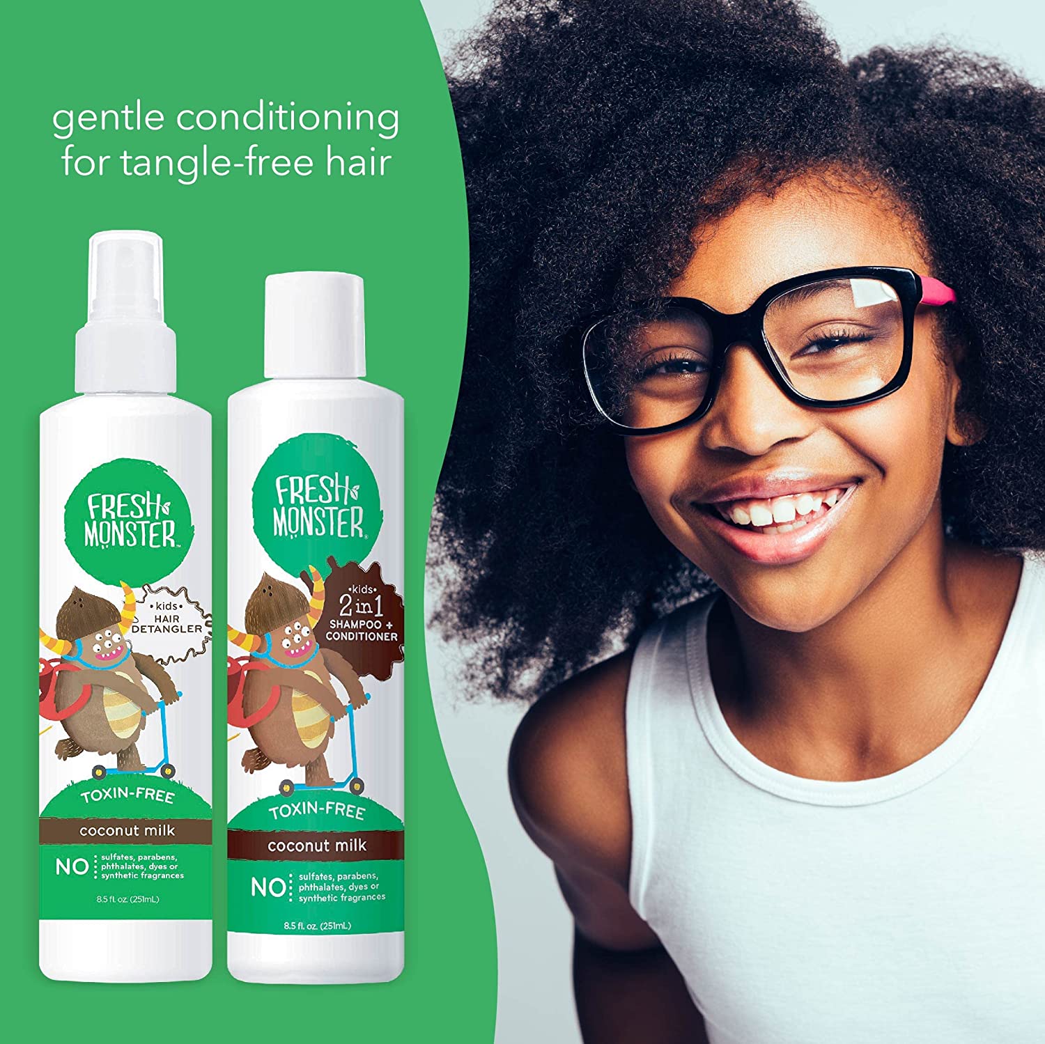 Fresh Monster Bundle with Kids Hair Detangler Spray, Coconut (8.5oz) and 2-in-1 Shampoo & Conditione