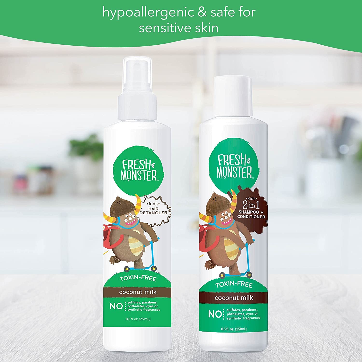 Fresh Monster Bundle with Kids Hair Detangler Spray, Coconut (8.5oz) and 2-in-1 Shampoo & Conditione