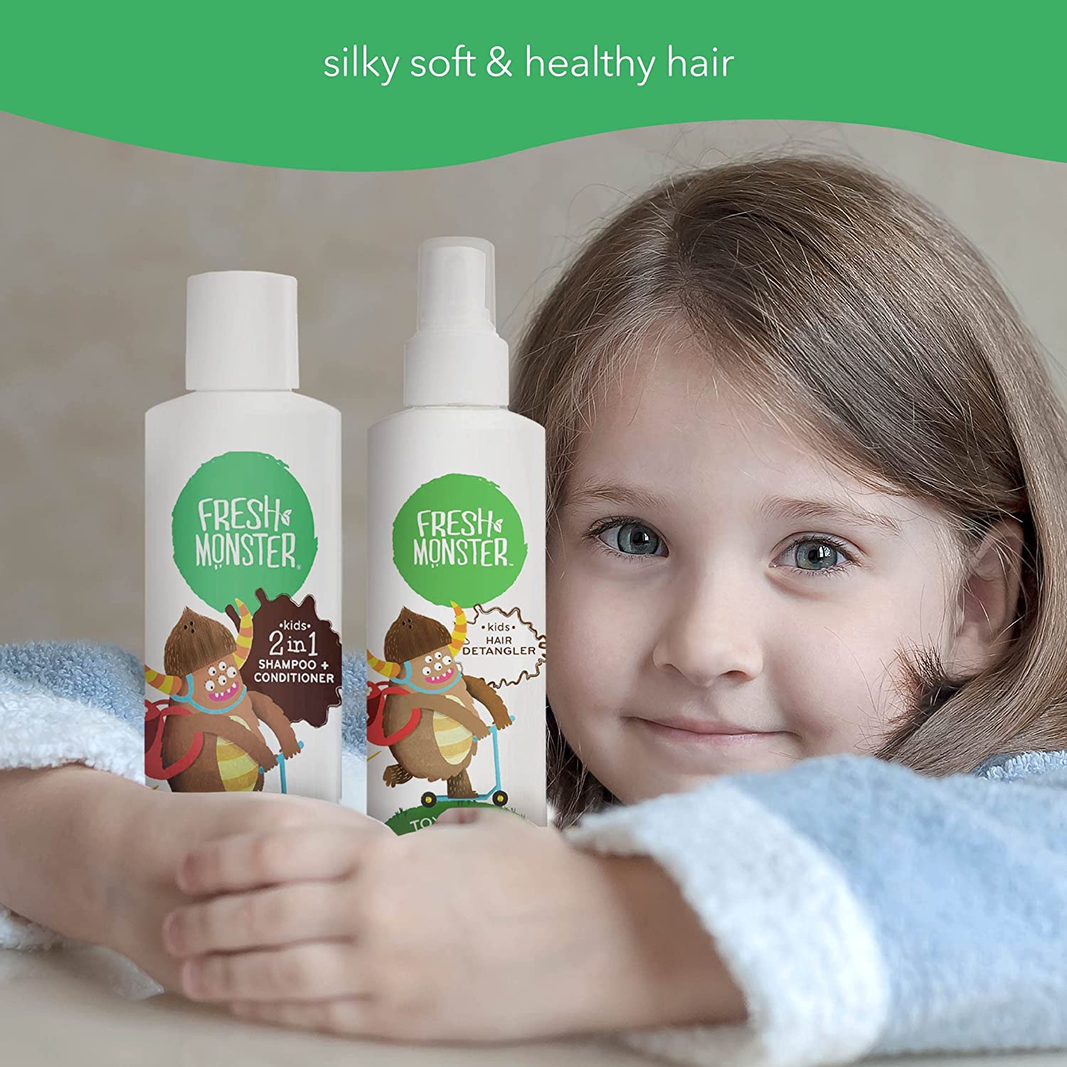 Fresh Monster Bundle with Kids Hair Detangler Spray, Coconut (8.5oz) and 2-in-1 Shampoo & Conditione