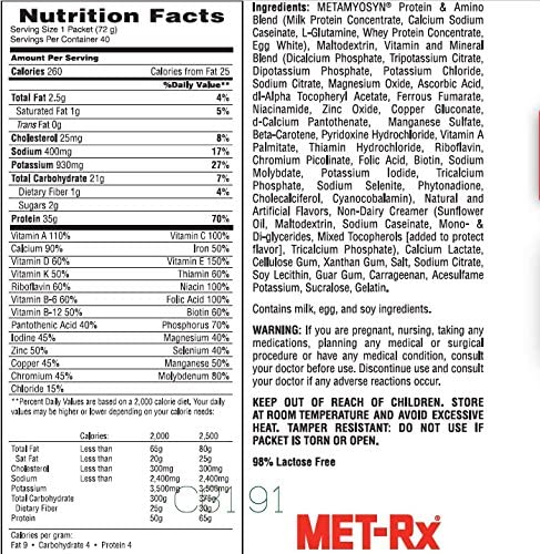 MET-Rx Meal Replacement, Original Vanilla Protein Powder, 2.54 Oz Packets, 40 Count