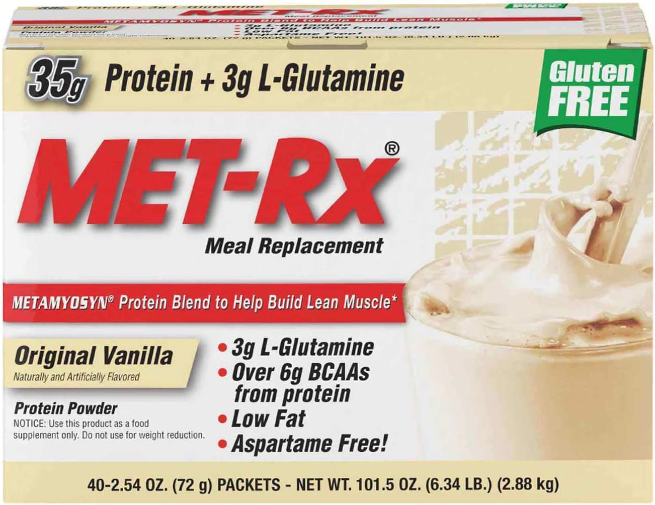 MET-Rx Meal Replacement, Original Vanilla Protein Powder, 2.54 Oz Packets, 40 Count