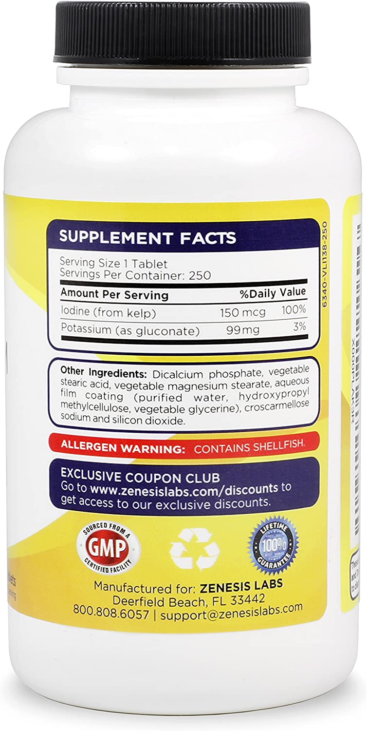 Potassium Gluconate with Iodine Kelp - 250 Tablets - 99mg per Tablet with 150mcg of Iodine - Leg & M