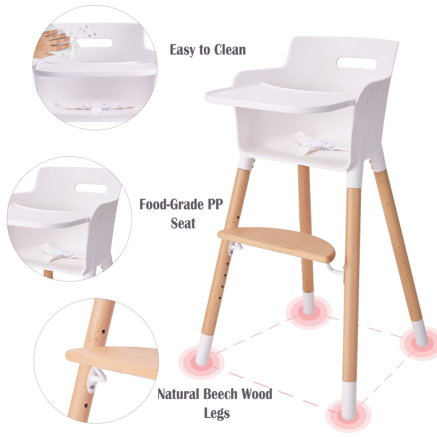 HAN-MM Baby High Chair, Wooden High Chair with Removable Tray and Adjustable Legs for Baby/Infants/T