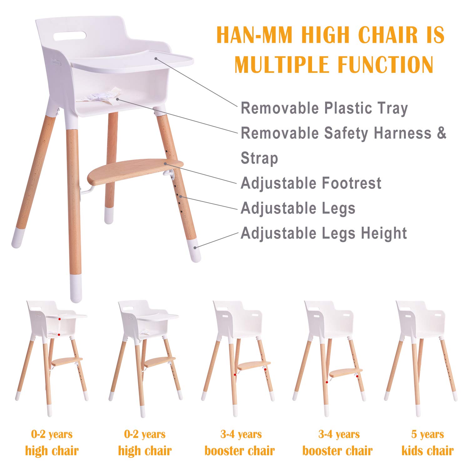 HAN-MM Baby High Chair, Wooden High Chair with Removable Tray and Adjustable Legs for Baby/Infants/T