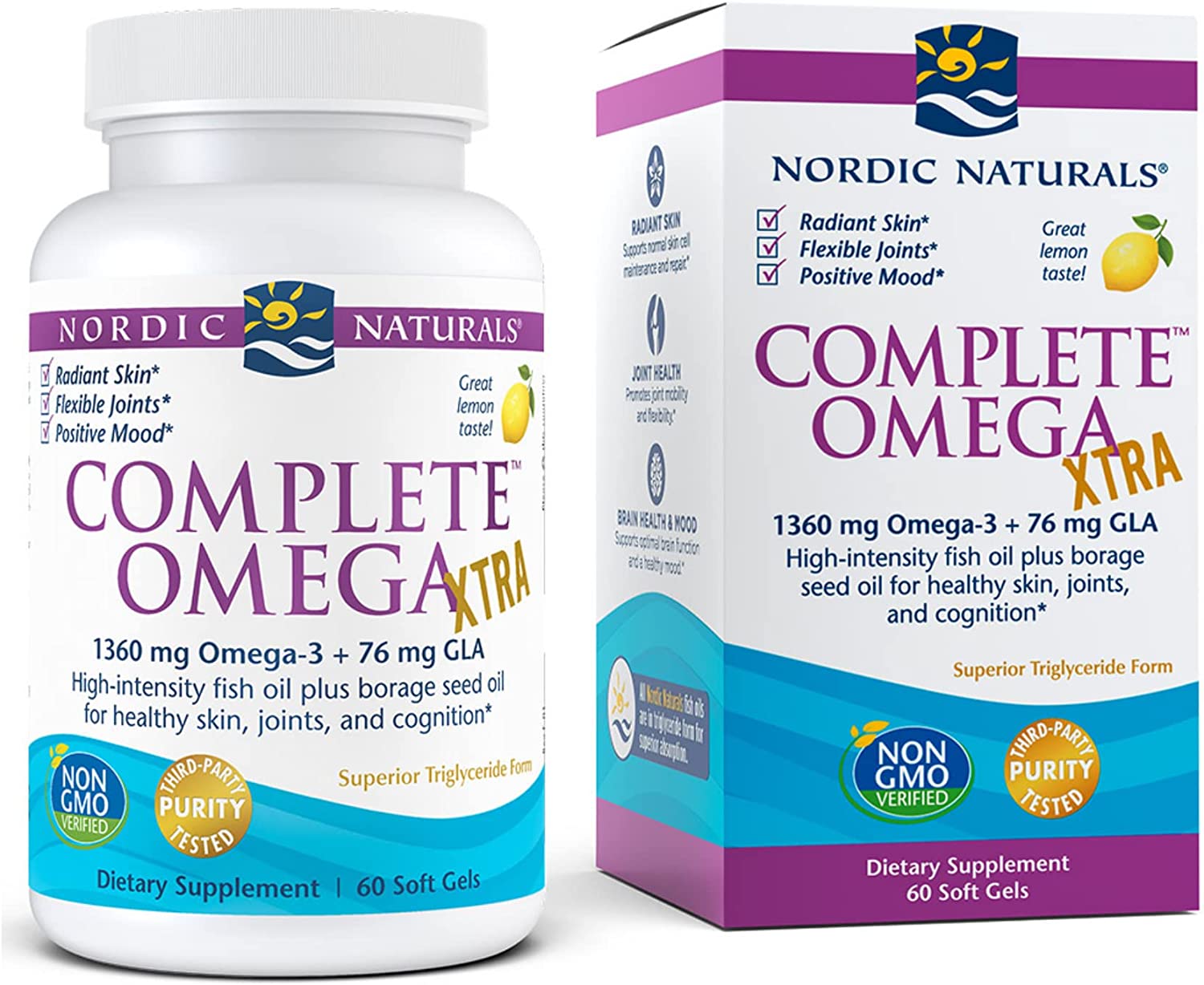 Nordic Naturals Complete Omega Xtra, Lemon - 60 Soft Gels - 1360 mg Omega-3 + 76 mg GLA - Healthy Sk