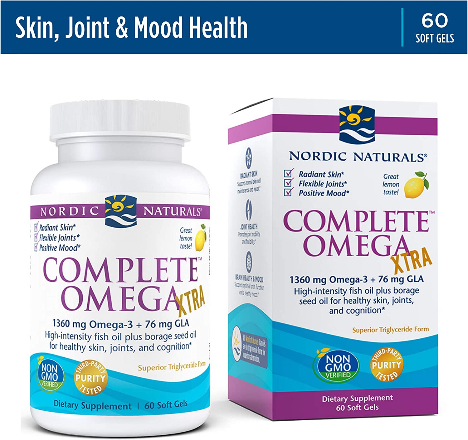 Nordic Naturals Complete Omega Xtra, Lemon - 60 Soft Gels - 1360 mg Omega-3 + 76 mg GLA - Healthy Sk